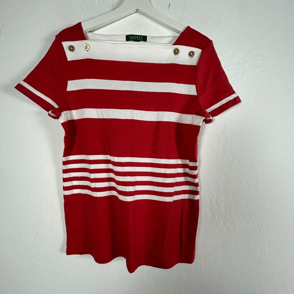 Lauren Ralph Lauren Womens Red White Striped Short Sleeve Classic Top Large New